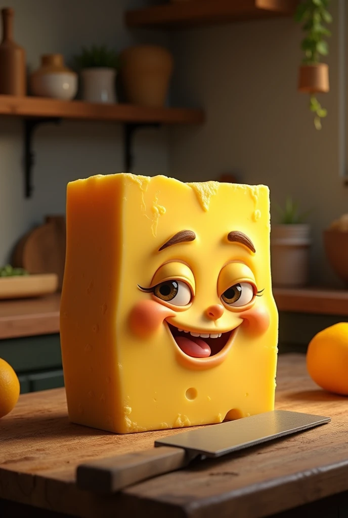 cheese with super realistic human man features making a sexy face 