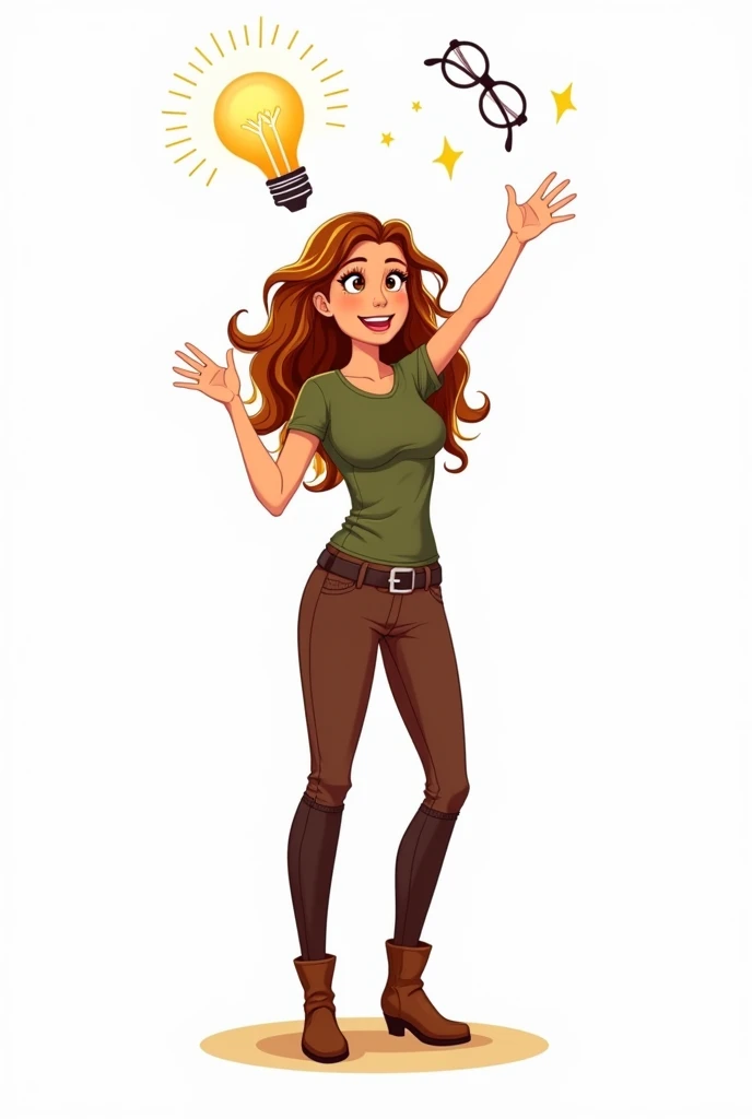 Illustrations sur fond blanc. Femme aux cheveux longs, bouclés, châtain avec un dégradé blond, Yeux noisette, T-shirt vert militaire, Pantalon d’équitation marron avec ceinture et boots marron. Dans la situation : a une idée soudaine avec une ampoule au dessus de la tête, jette ses lunettes en l’air