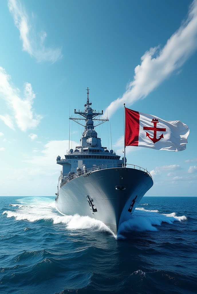 A view from an oblique angle of a state-of-the-art heavy cruiser flying a small white and red flag bearing a Maltese cross and an anchor.