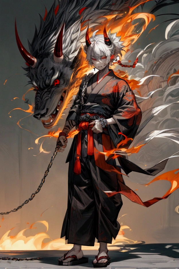Masterpiece, best quality, (very detailed CG unified 8k wallpaper), (best quality), (best illustration), (best shadow), (Stable Diffusion Model), a male, asura god, god of chaos, black and white hair, oni horns, black and red japanese body tattoo, steel gauntlet, japanese pants, chains belt, chains, flaming hands, geta footwear, wolves, raging, smokes