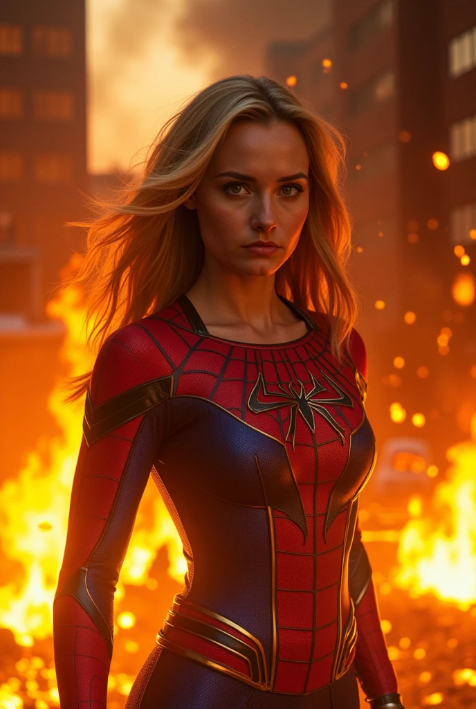 Supergirl trapped in a burning building, flames engulfing the surroundings, while Spider-Man bursts through a window, wrapping her in his web to shield her from the heat as they escape together. "A 16K resolution image with ultra-high picture quality, ensuring sharp, crisp details and textures throughout. The image should have exceptional clarity, with vibrant, true-to-life colors and a high dynamic range. Lighting should be natural, enhancing depth and detail, with no noise or blurriness, even in the darkest areas.".