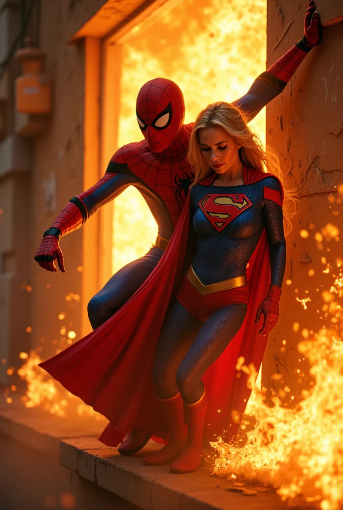 Supergirl trapped in a burning building, flames engulfing the surroundings, while Spider-Man bursts through a window, wrapping her in his web to shield her from the heat as they escape together. "A 16K resolution image with ultra-high picture quality, ensuring sharp, crisp details and textures throughout. The image should have exceptional clarity, with vibrant, true-to-life colors and a high dynamic range. Lighting should be natural, enhancing depth and detail, with no noise or blurriness, even in the darkest areas.".