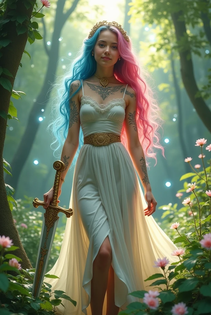 A young and very sexy girl, her hair is pink and blue and her skin is white and delicate, her eyes are silver and under her skin a golden powder covers her entire body, she also has various magical symbols tattooed on her body, this girl is noble and is the daughter of a fairy, she enjoys adventuring and being a bard and loving music, she is always with her fancy bandolim in hand and her sword kept at her waist or back, she also enjoys wearing high heels.