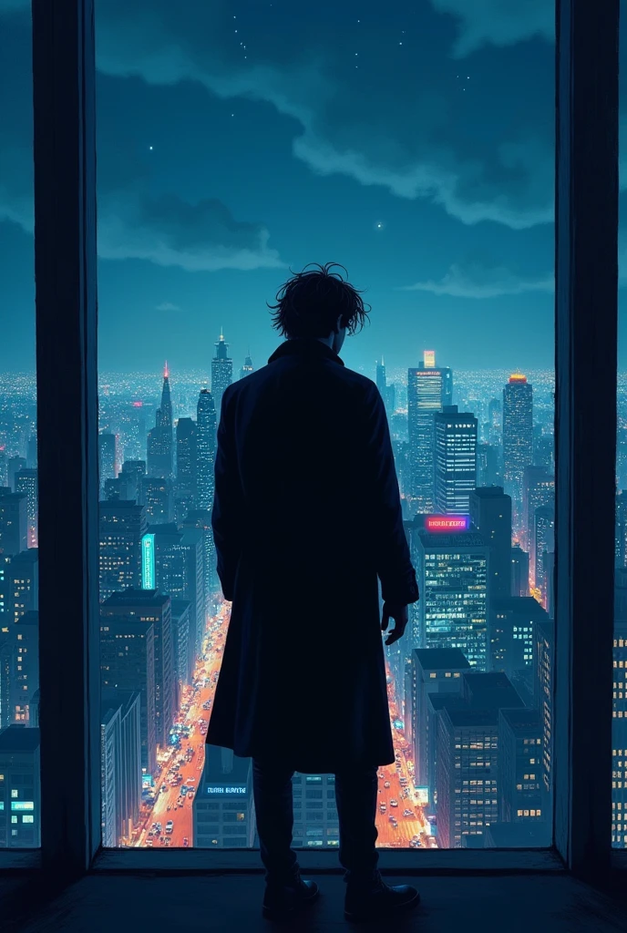 a lonely man, standing on the terrace, tall building, midnight, city life