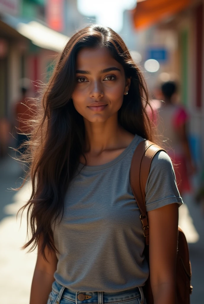 Street photography of a beautiful Indian girl, fair skin, round face , detailed face ,a casual look with jeans and a t-shirt in a bustling city street , long hair, dark eyebrows , locks eyes into the camera, symmetrical eyes, symmetrical face, photorealistic, photography, path tracing, specular lighting, volumetric face light, path traced hair, visible shadows, intricate, elaborate,