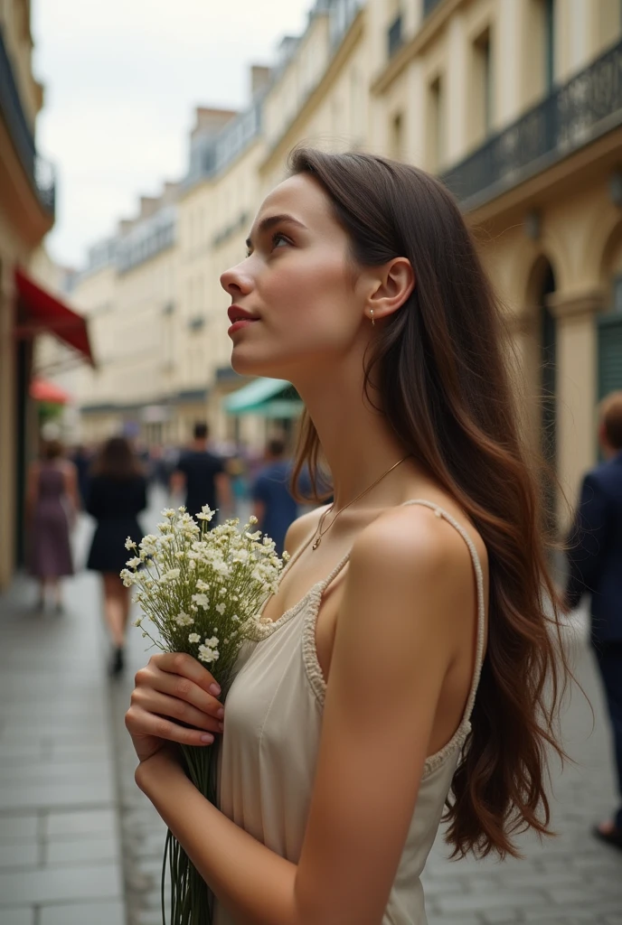 Long Hair Paris cityscape Upper Body Holding a bouquet outsider French cute Plain dress Profile view
Ear is visible Stylish atmosphere Close-up of face Not wearing accessories Antique atmosphere
Looking up and to the side