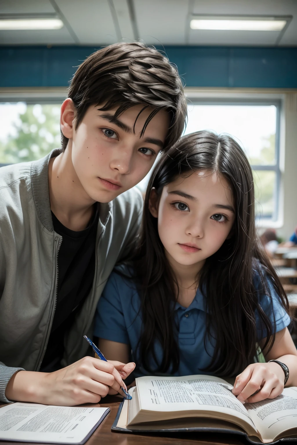 two kids, During class, school, one boy one girl, Desk, note, writing, sitting, high detailed real face, beautiful skin, high detailed skin, beautiful eyes, high detailed finger, high detailed hand, masterpiece,