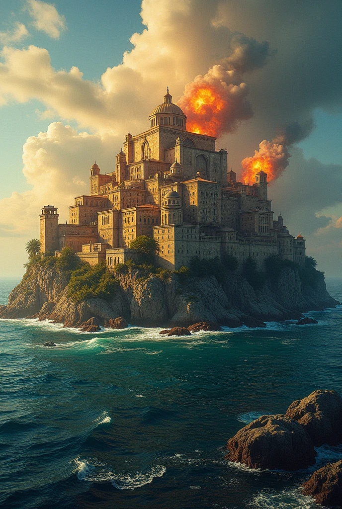 A city with a sense of age,The city is illuminated by sunlight,Floating on the surface of the sea,There is a smell of pyrotechnics,The surrounding ocean makes people feel dark,Add text to the image:Mythical city on the sea