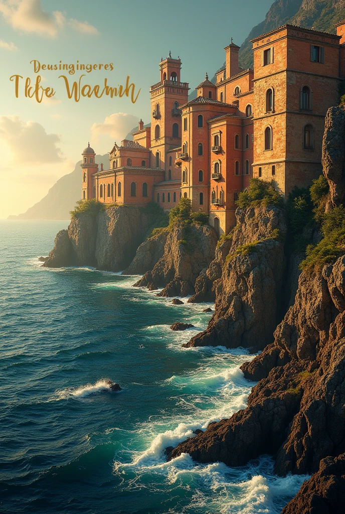 A city with a sense of age,The city is illuminated by sunlight,Floating on the surface of the sea,There is a smell of pyrotechnics,The surrounding ocean makes people feel dark,Add text to the image:Mythical city on the sea