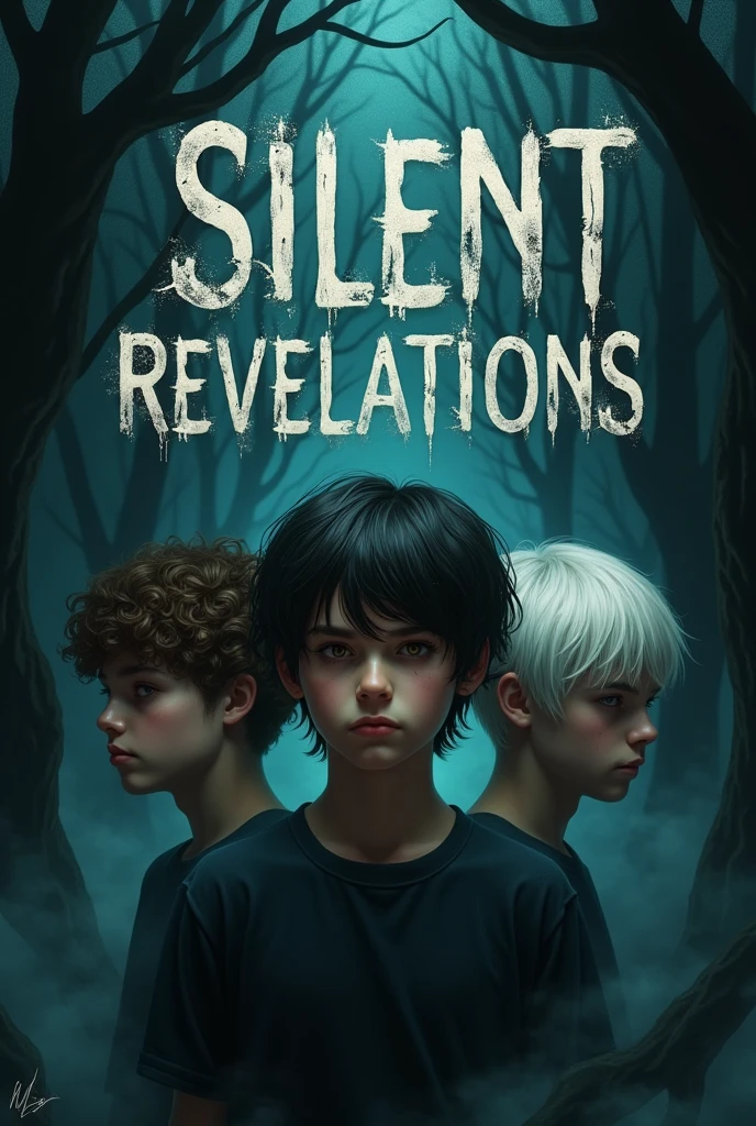 Could you create an icon for a horror server that has the Silent Hills font, and that are written in the center "Silent Revalations". Put some things like Lovecraft, Hellraiser and horror themes make her square please. And put three age BOYS, one with curly brown Mexican hair, with medium length, straight, French white hair, and another one with white Japanese hair 