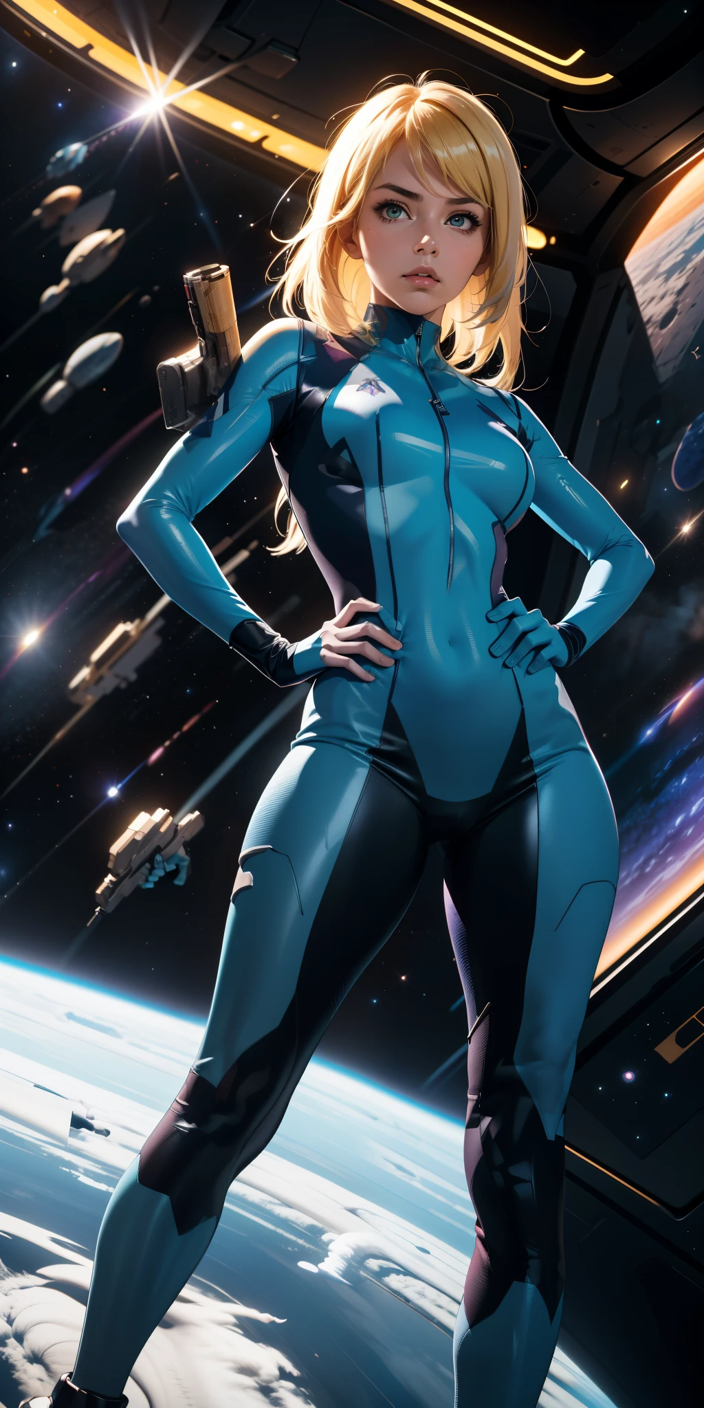 work of art, best qualityer, Samus Aran, hypdertailed, hair tie, body azul, trunk, looking ahead at viewer, furled brow, holding a gun, hand on hip, Outer space