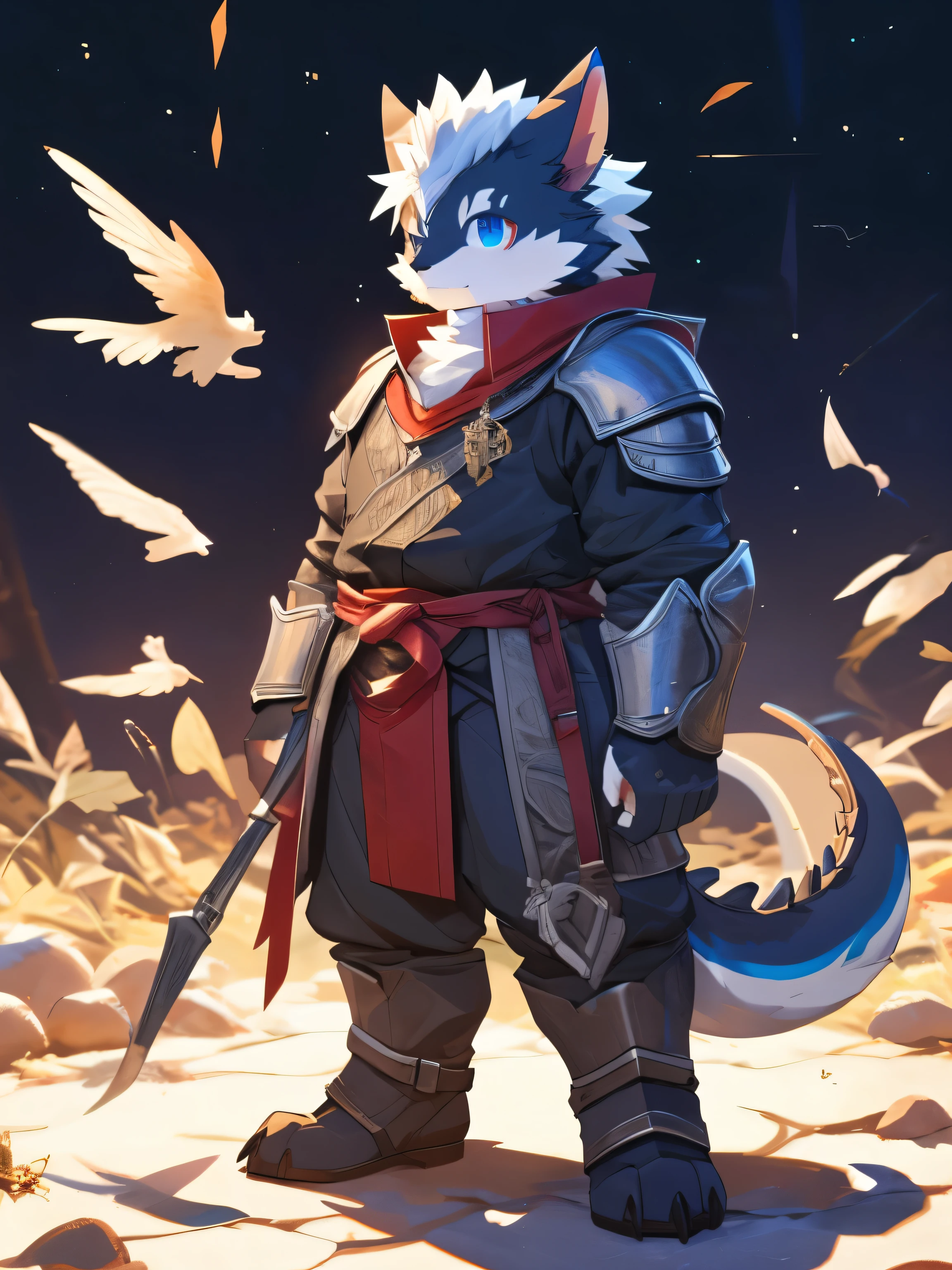 nj5furry,kemono,full-length portrait,anthro,hi res,male,White hair,Black Dragon,warrior,Metal Armor,strong,Fluffy hair,A tail,Delicate eyes,Detailed eyes