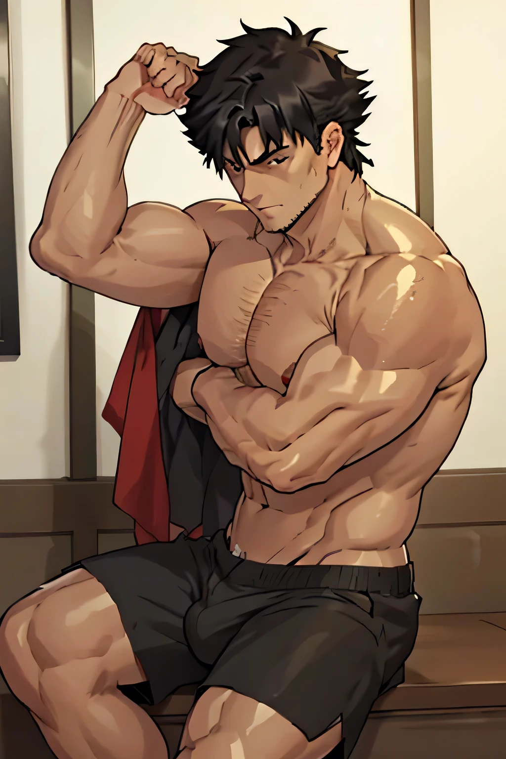 Kiritsugu is sitting and flexing his arms. He is shirtless. He wears black short boxershorts. You can see his thighs completely. He has a huge bulge. You can see his abs too. He is admiring his arms. he has many big veins on his arms.