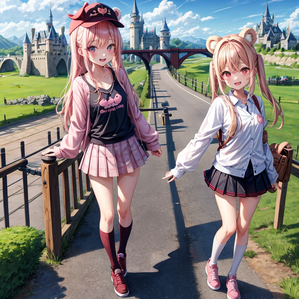 Pink Blonde、Red eyes、Hair tied up、Two cute、Checked mini skirt、black t-shirts、cardigan、Knee-high socks、bear ears baseball cap、Teeth are visible、Monster Castle、Tilting face、crossing the bridge、hazakura、windmill、grass、Stones are growing out of the ground.、impregnable、A teddy bear is walking