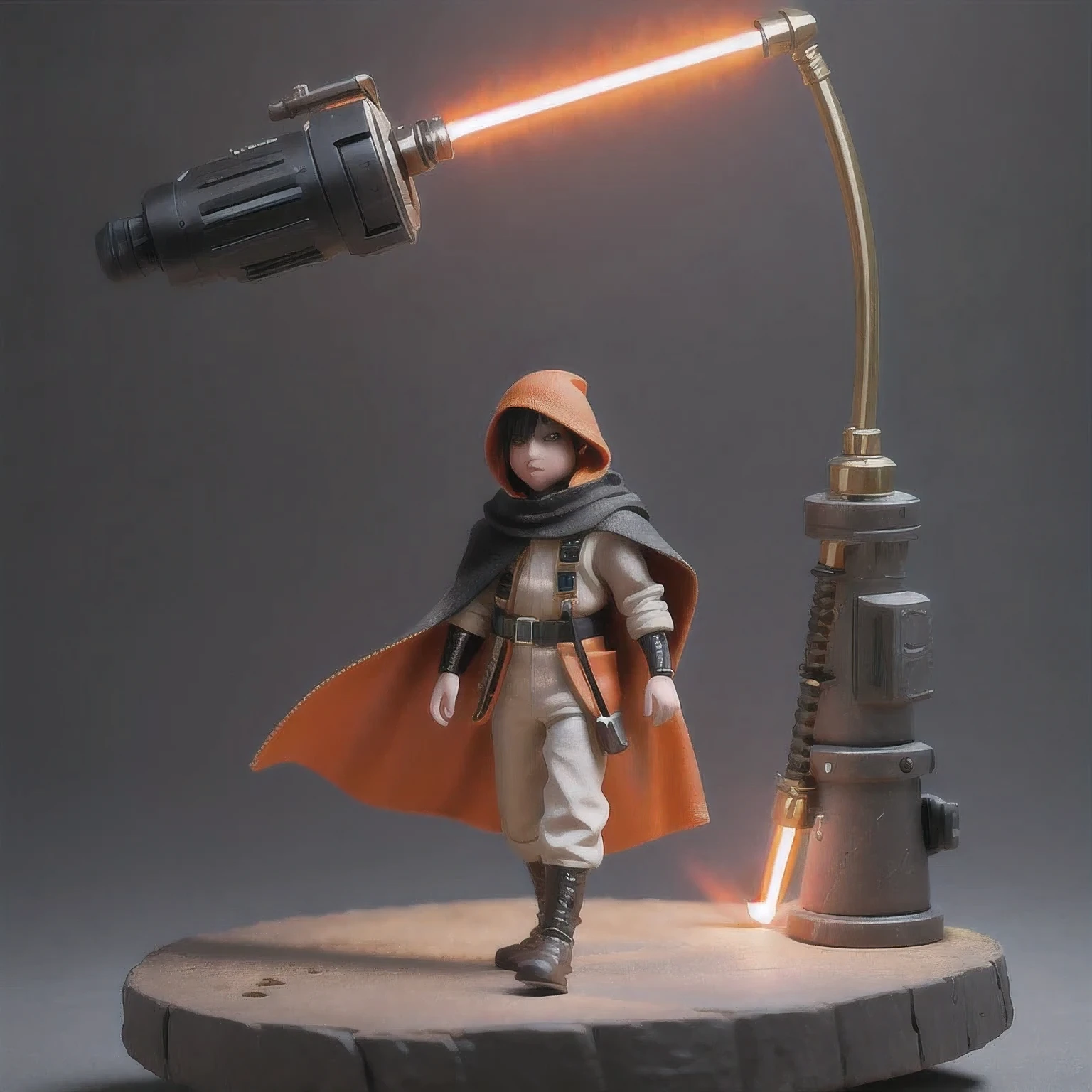 Black gold silk cyberpunk mine snow light orange rough linen cloak prump lightsaber space floating 1:6 Miniatures，illustration