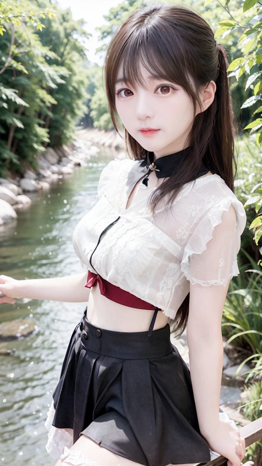 A super cute tsundere girl、Waist size is 21 inches、A cute pleated skirt with an ultra-thin waist、Big tits in lewd pose、Cute oversized shirt、A forest road along a river hidden from view、The highest standard of ultra-high definition full-body photos、(Small face)、No makeup、Sexy lips、Chignon hairstyle、