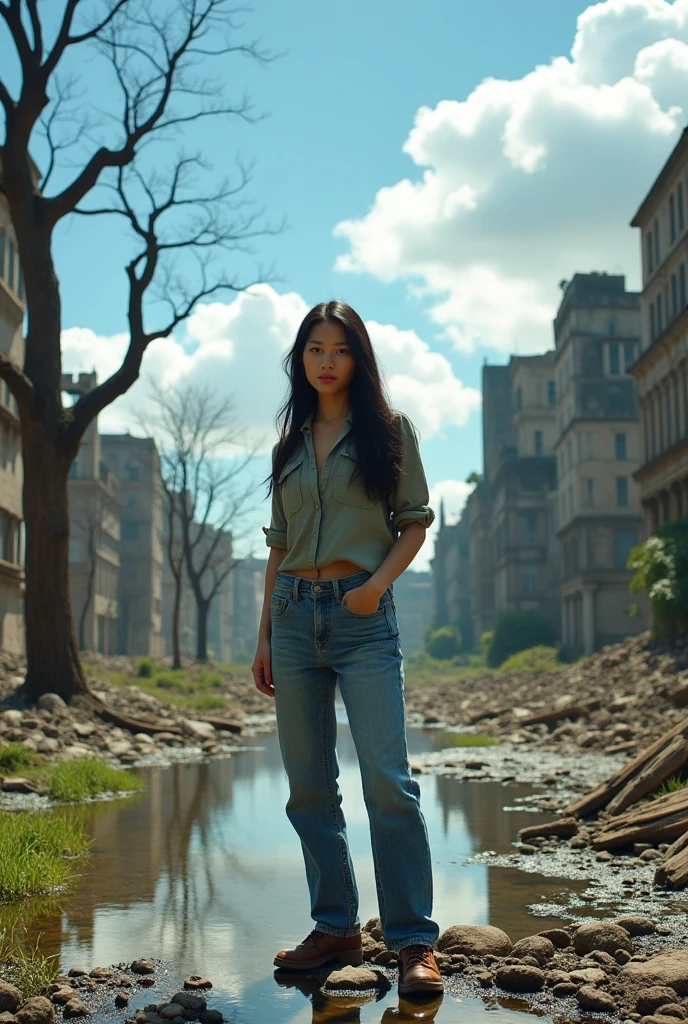 Thai women, Look at the viewer., long hair, shirt, jeans, cloud, day, sky,outdoor, After the Apocalypse, ruins, view, tree, water,