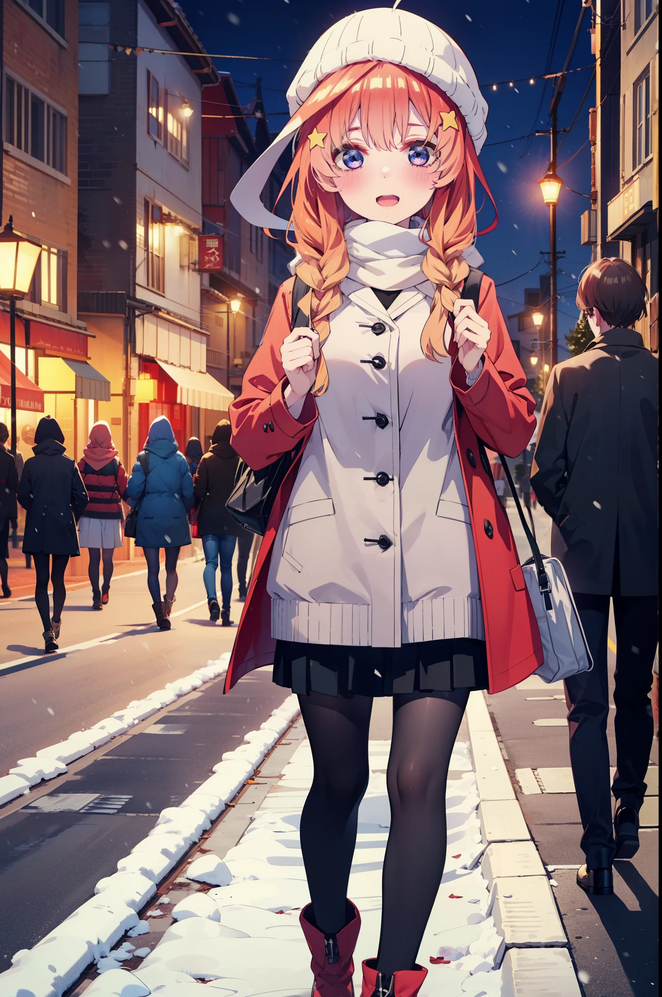 itsukinakano, Itsuki Nakano, bangs, blue eyes, Hair between the eyes, Ahoge, Redhead, star \(symbol\), hair ornaments, star hair ornaments,smile,Open your mouth,White Breath,blush,Long, thick braids,Knitted hat,White scarf,Red long coat,V-neck sweater,Black long skirt,Red pantyhose,short boots,snowが降っている,snowが積もっている,snow,snow,snow,snow,Walking,whole bodyがイラストに入るように,night,
break outdoors,Residential Street,
break looking at viewer, whole body,
break (masterpiece:1.2), Highest quality, High resolution, unity 8k wallpaper, (figure:0.8), (Beautiful attention to detail:1.6), Highly detailed face, Perfect lighting, Highly detailed CG, (Perfect hands, Perfect Anatomy),