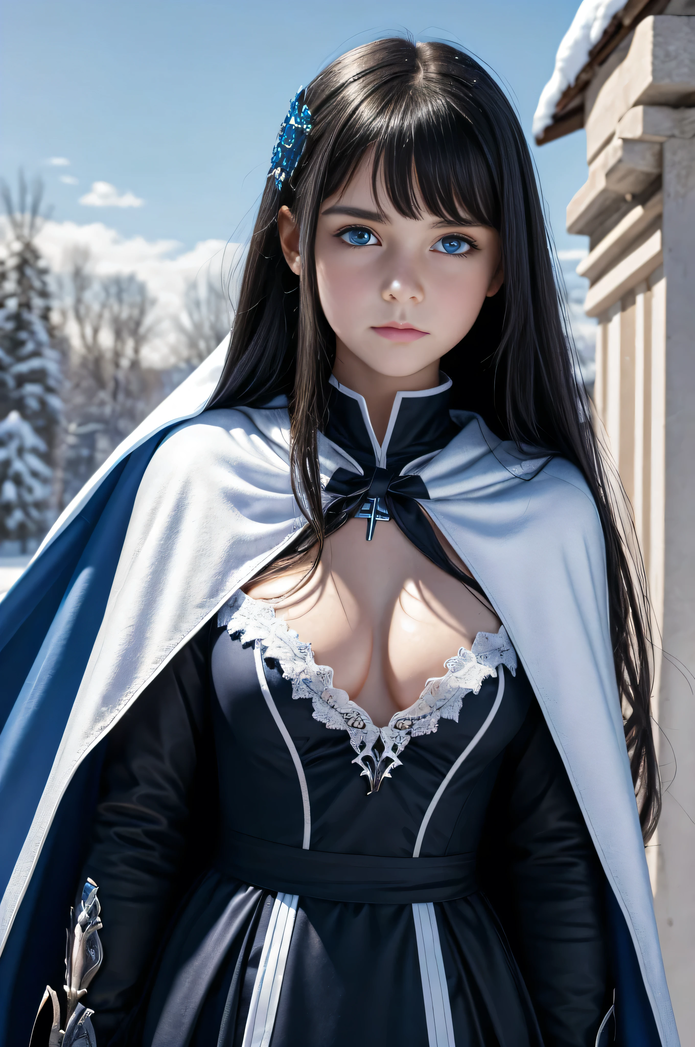 girl, evil, teen(1.3),13 yearsirl, very smaleats, black hair and blue eyes, detailed face, angelical face,cleavage, small breasts, dress with cape, desing with christian cross ,background in snow in prussia
