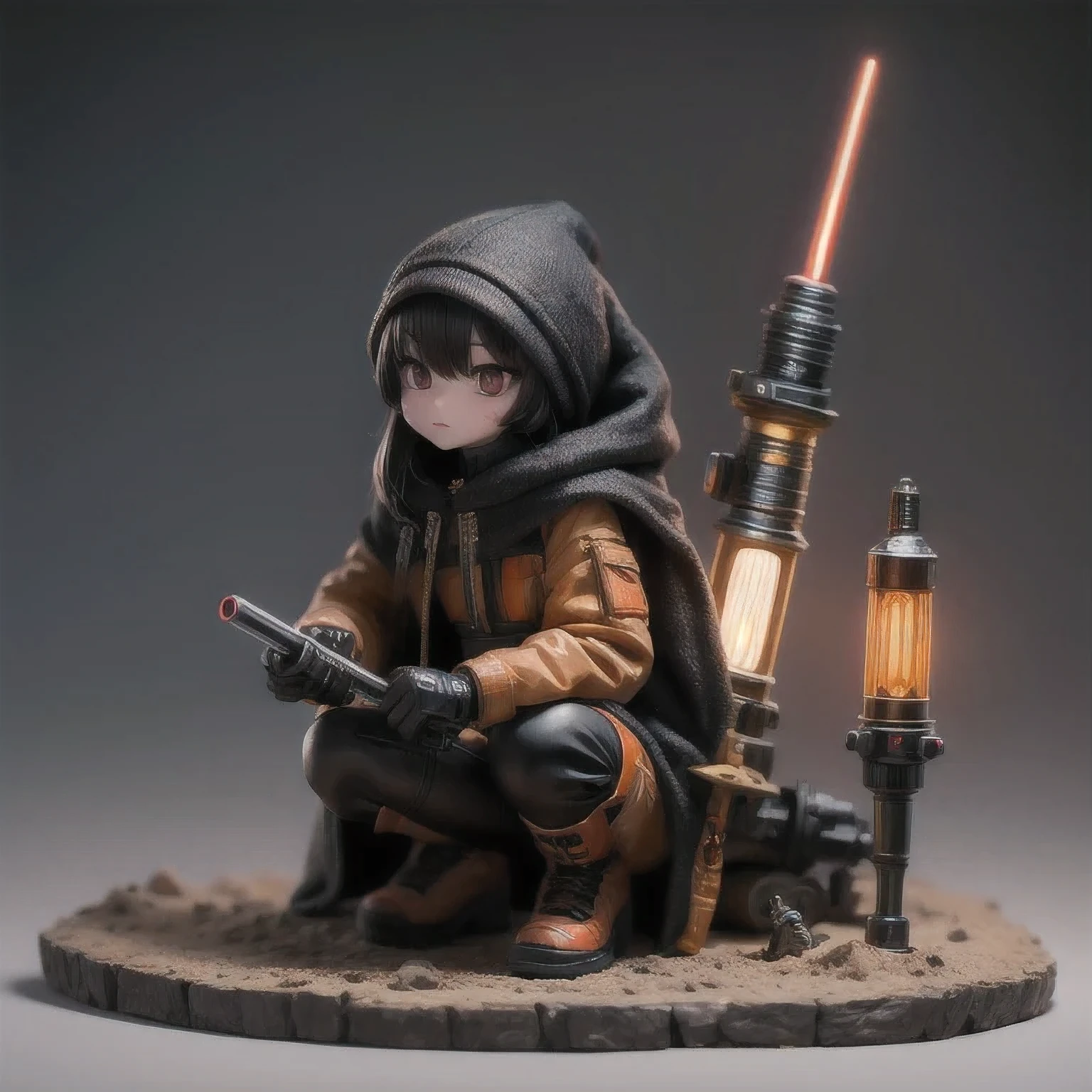 Black gold silk cyberpunk mine snow light orange rough linen cloak rump lightsaber space floating 1:6 Miniatures，illustration