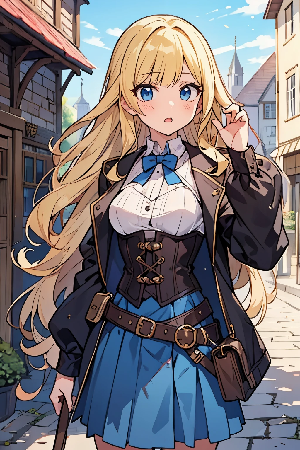 solo girl, (young female body:1.4), ( medium small breasts), knee length hair, yellow long hair, voluminous wavy very long yellow hair, extra long yellow hair, hime cut, light blue eyes, cowboy shot, castle background, medieval town with a castle, outdoor pub, town center, adventurer outfit, blue skirt with belt, long sleeve top, blue corset, steampunk aesthetic, short jacket,