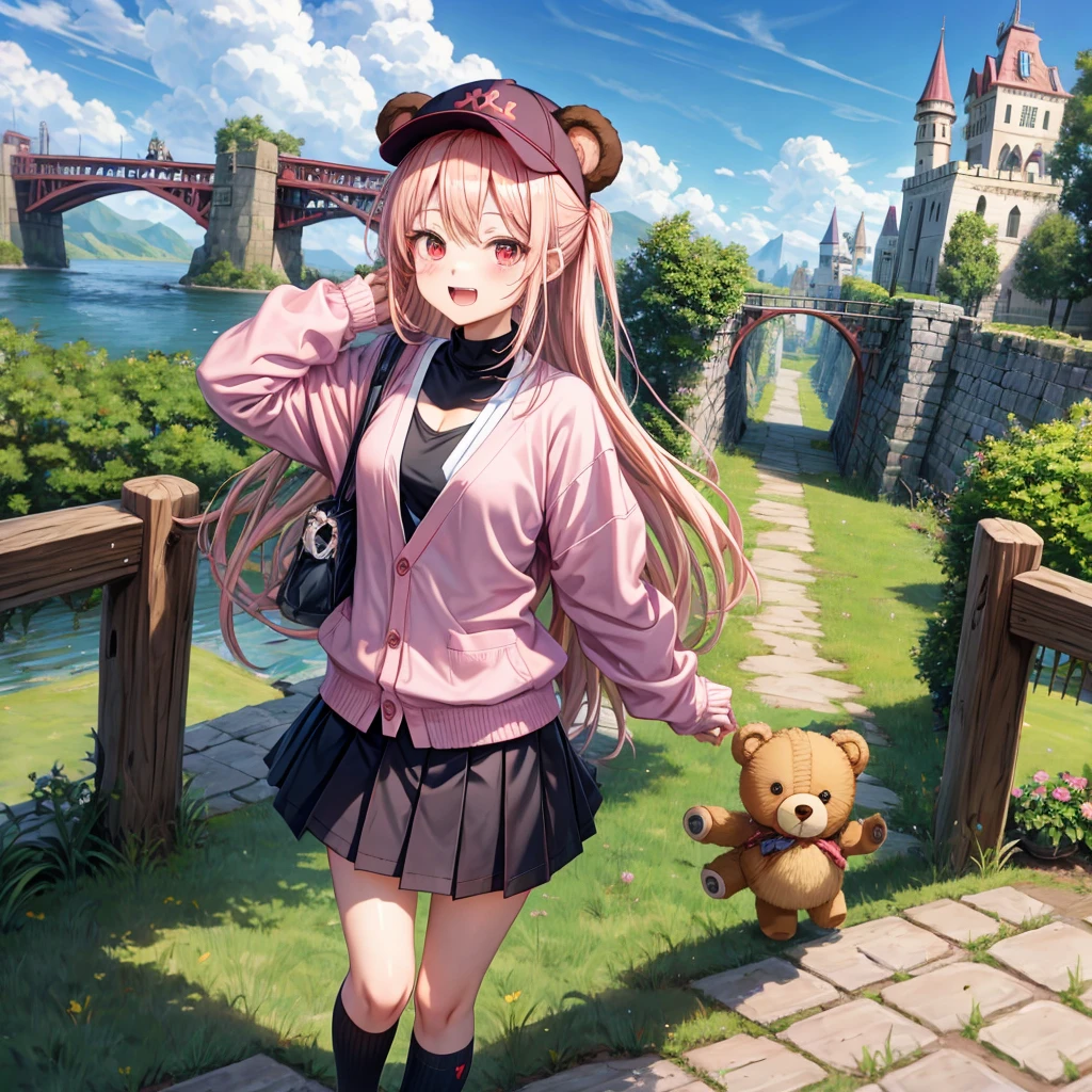 Pink Blonde、Red eyes、Hair tied up、Two cute、Checked mini skirt、black t-shirts、cardigan、Knee-high socks、bear ears baseball cap、Teeth are visible、Monster Castle、Tilting face、crossing the bridge、hazakura、windmill、grass、Stones are growing out of the ground.、impregnable、A teddy bear is walking