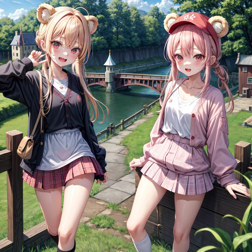Pink Blonde、Red eyes、Hair tied up、Two cute、Checked mini skirt、black t-shirts、cardigan、Knee-high socks、bear ears baseball cap、Teeth are visible、Monster Castle、Tilting face、crossing the bridge、hazakura、windmill、grass、Stones are growing out of the ground.、impregnable、A teddy bear is walking