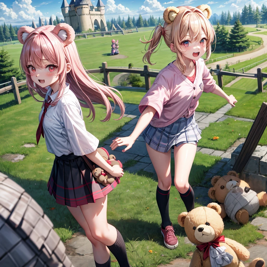 Pink Blonde、Red eyes、Hair tied up、Two cute、Checked mini skirt、black t-shirts、cardigan、Knee-high socks、bear ears baseball cap、Teeth are visible、Monster Castle、Tilting face、crossing the bridge、hazakura、windmill、grass、Stones are growing out of the ground.、impregnable、A teddy bear is walking