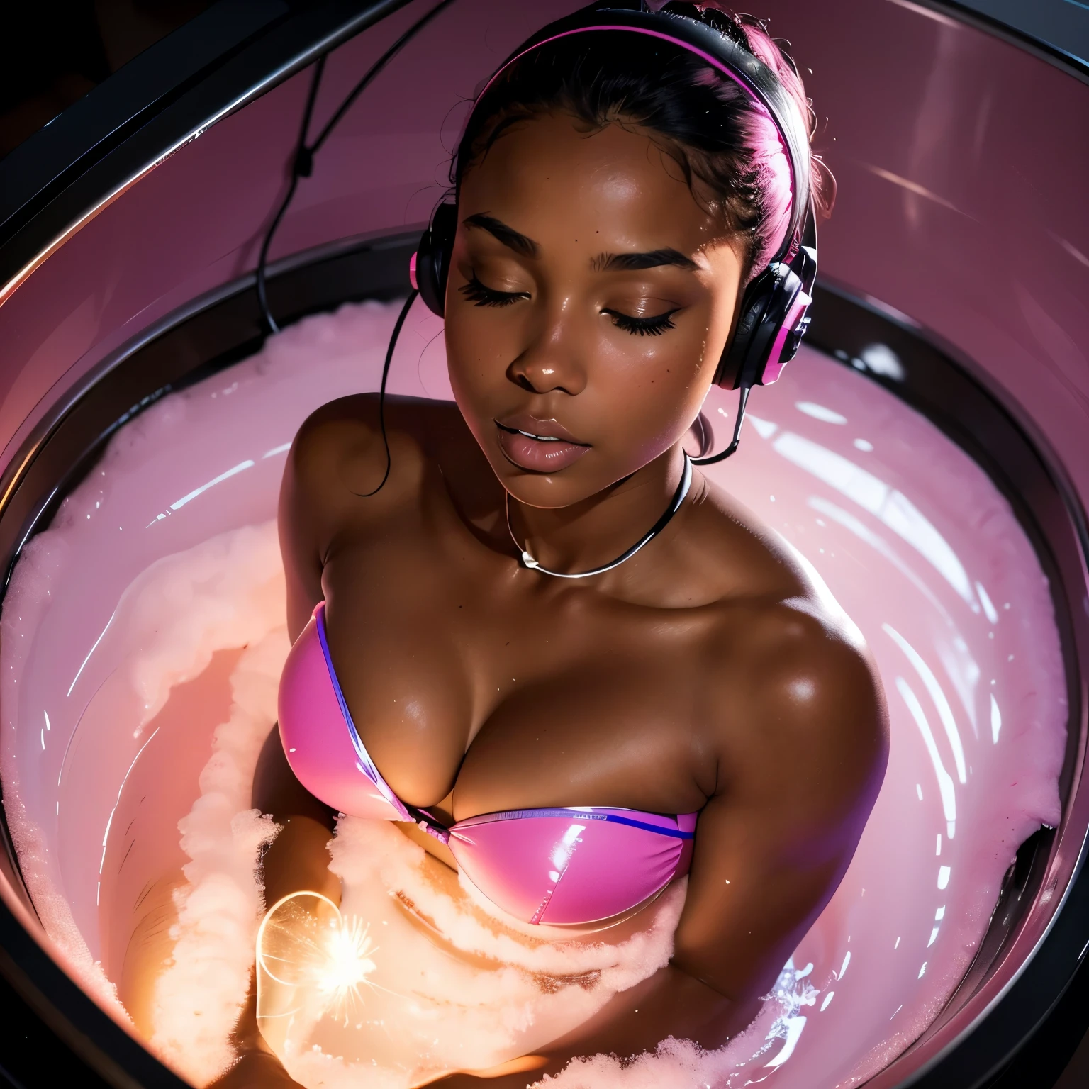 1girl, head phones, under pink bubble water, (18 years old), (Latina), dark skin, wide shot, (pink strapless dress), (Masterpiece, Professional lighting, 16k, 8k wallpaper, raw photo, photorealistic:1.8, ultra detailed, natural lighting, detailed skin sexy pose, open mouth, big lips, view from above, night time, eyes closed, pink light, steam, pink foam