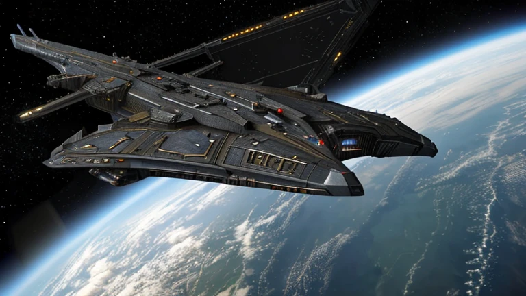 (RAW-Foto), high realistc, ((klingon spaceship in deep space)). the spaceship is a warbird. star trek, d4 class, the spaceship has a massive body between the wings. At the front of the spaceship is the bridge in a sphere. the wings are bent downwards.