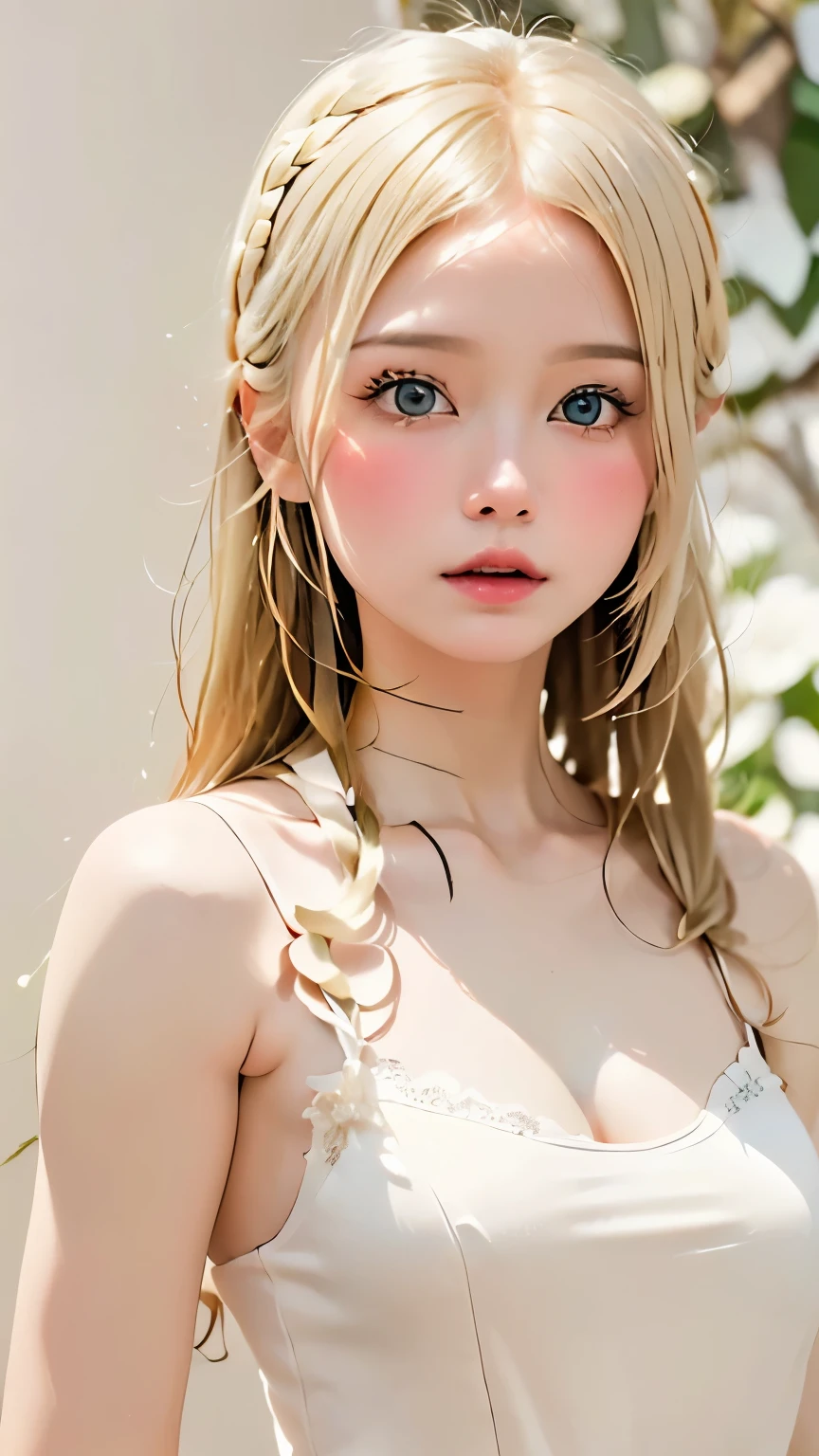 1 person,Beautifully detailed face:1.3、Face close-up:1.6、The whole face fits in the frame:1.6、((She wears a big red bow in her hair like a French doll......:1.6))、 ((Small breasts:1.7))、(A sheer camisole with a loose fit around the chest:1.7), ((I&#39;looking forward to it:1.6))、Pink Eyeshadow:1.6、((Looking into the camera:1.3))、Very beautiful Japanese idol portraits, 
(RAW Photos, Highest quality), (Realistic, Realistic:1.4), (masterpiece), 
Very delicate and beautiful, Very detailed, 2k wallpaper, wonderful, finely, Very detailed CG Unity 8K 壁紙, Very detailed, High resolution, Soft Light, 
Beautiful detailed, Very detailed目と顔, Beautiful and sophisticated nose, Big beautiful eyes, Cinema Lighting, 
(Simple and solid background:1.3),
(Blonde medium hair:1.5), (Parted bangs), 
Complete Anatomy, Slender body,とてもSmall breasts, Sensual look