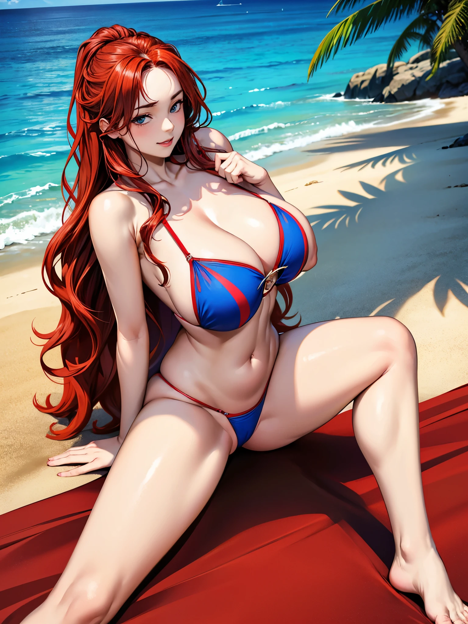 Western woman with long, wavy red hair wearing a vibrant blue strapless bikini, standing on the sandy beach,huge boobs"A model sitting on the floor with one knee raised, the other leg stretched out, one hand resting on the floor for support, and the other playing with her hair, gazing seductively into the camera."