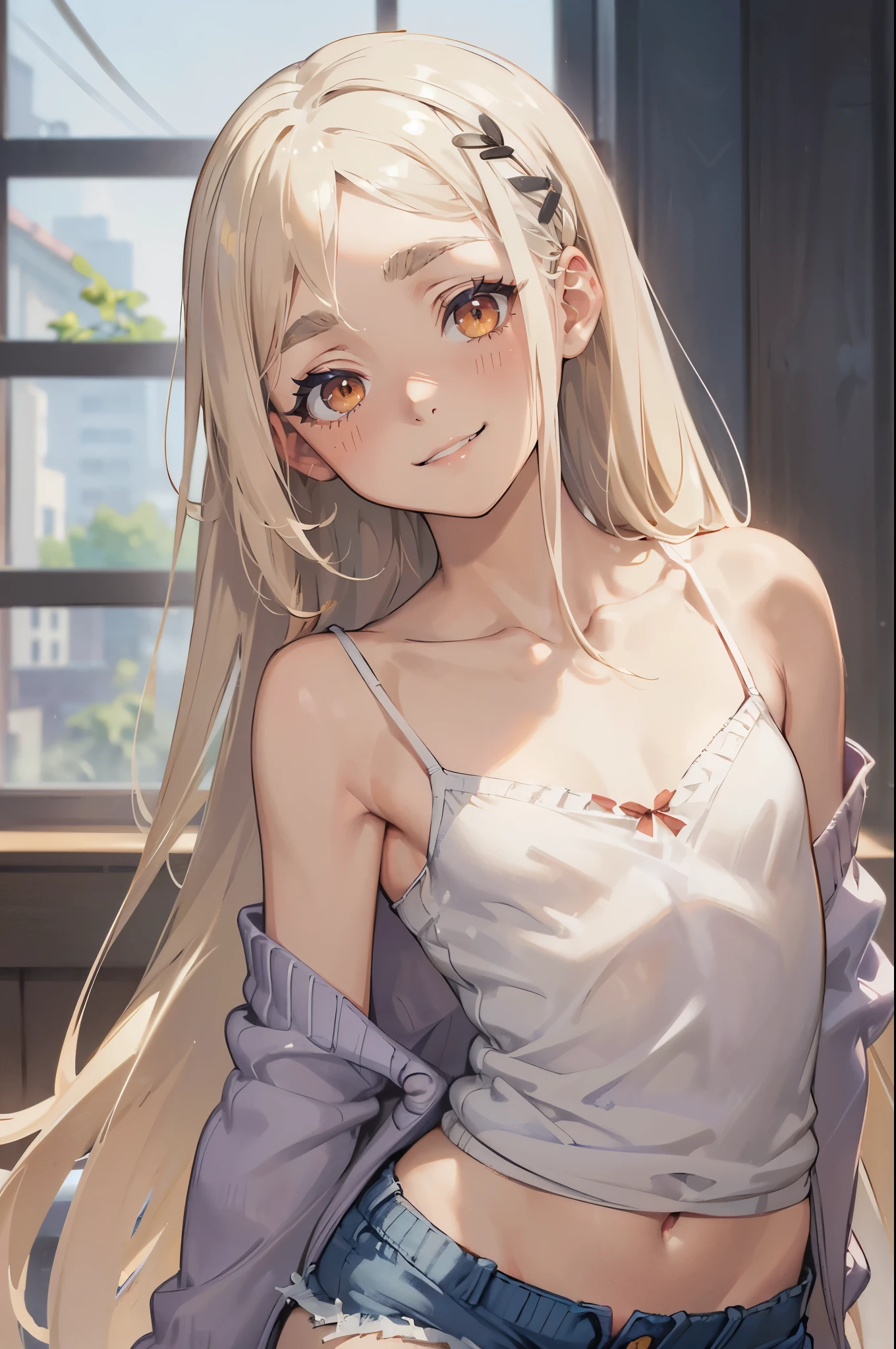 Photorealistic:1.5, Beautiful woman, hairstyle that bounces outward, (platinum blond hair:1.5), (platinum blond eyelash and thin eyebrows:1.5), (parted bangs:1.5), (amber color eyes:1.5), (sleepy face:1.5), (smile:1.5), blush:1.2, (tilt one's head:1.5), (hairpin:1.1), (masterpiece:1.3), (best quality:1.3), high-resolution, Head-on angle, Body facing forward, solo, beautiful detailed eyes, mid day, (((best quality, textile shading, ultra detailed))), extremely detailed CG unity 8k wallpaper, Highly Detailed beautiful and aesthetic, high resolution, detailed, dramatic lighting, 1Character, soft, gentle colors, (flat chest:1.5), (white camisole:1.5), (blue shorts:1.5), (Navel peeking out a little:1.2), (super long hem summer cardigan:1.5), (skinny:1.5), blur background, classroom, standing:1.2,