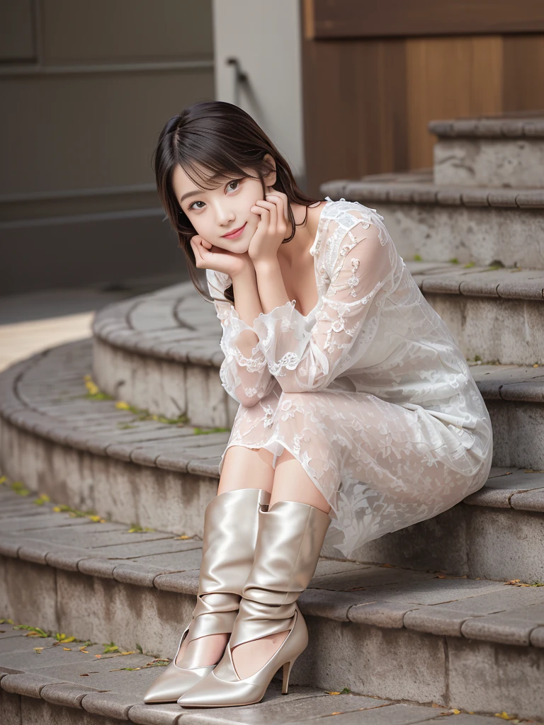 Photo-realistic quality、A 20-year-old Japanese female model sitting on the stairs with her hand on her chin., White lace dress、Beautiful bare feet、Wearing high heels、Shot with Canon EOS 5D,looking at the camera、Detailed and beautiful eyes、Cute smile、A soft and gentle look