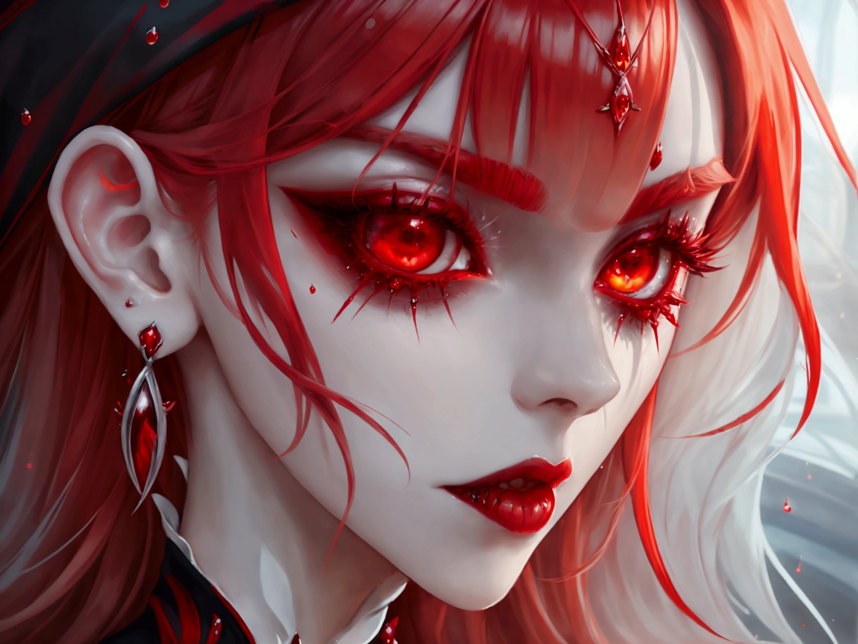 a portrait of vampire with a bloody tear coming down from he eye, an exotic beautiful female vampire, red hair color, dynamic hair style, ultra detailed face, best detailed face, silver eye color, ((1single red teardrop: 1.3)), ((tear drop made from blood)), ((teardrop coming down from the eye: 1.3)), small cleavage, wearing two black diamond earrings, Ultra-high resolution, High Contrast, (masterpiece:1.5), highest quality, Best aesthetics), 16K fantasy art, best details, best quality, highres, (ultra wide angle: 1.2), 16k, [ultra detailed], masterpiece, best quality, (extremely detailed), wearing d2c, wearing d2d, vampire