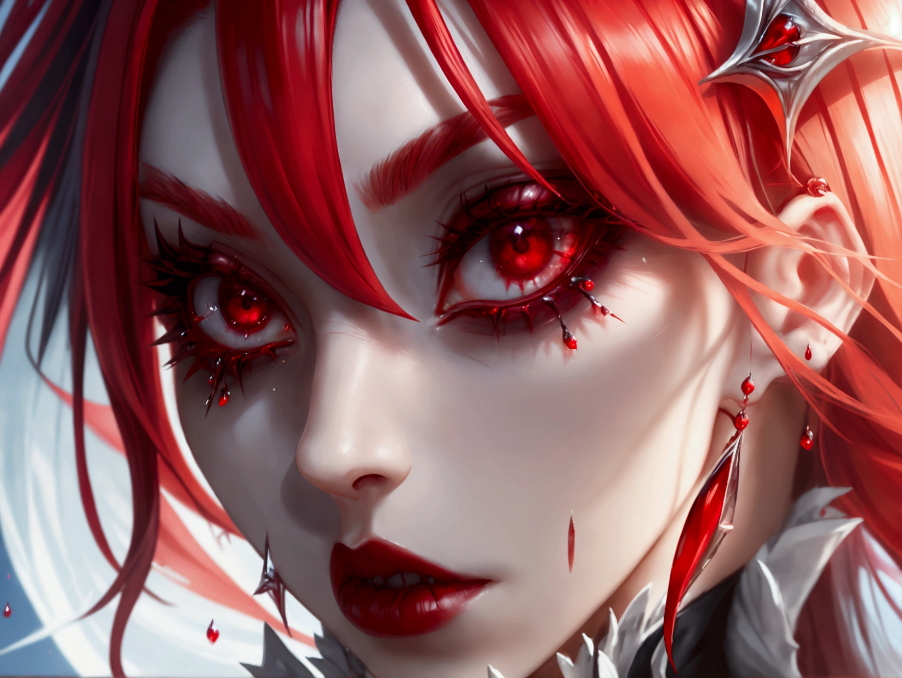 a portrait of vampire with a bloody tear coming down from he eye, an exotic beautiful female vampire, red hair color, dynamic hair style, ultra detailed face, best detailed face, silver eye color, ((1single red teardrop: 1.3)), ((tear drop made from blood)), ((teardrop coming down from the eye: 1.3)), small cleavage, wearing two black diamond earrings, Ultra-high resolution, High Contrast, (masterpiece:1.5), highest quality, Best aesthetics), 16K fantasy art, best details, best quality, highres, (ultra wide angle: 1.2), 16k, [ultra detailed], masterpiece, best quality, (extremely detailed), wearing d2c, wearing d2d, vampire