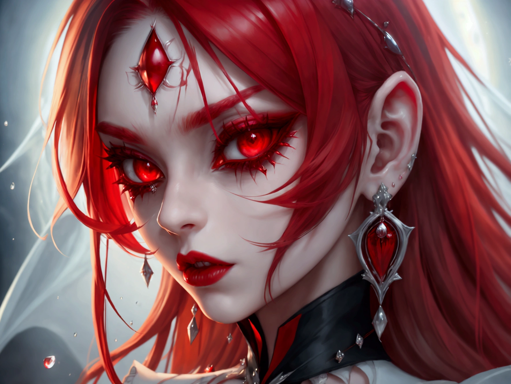 a portrait of vampire with a bloody tear coming down from he eye, an exotic beautiful female vampire, red hair color, dynamic hair style, ultra detailed face, best detailed face, silver eye color, ((1single red teardrop: 1.3)), ((tear drop made from blood)), ((teardrop coming down from the eye: 1.3)), small cleavage, wearing two black diamond earrings, Ultra-high resolution, High Contrast, (masterpiece:1.5), highest quality, Best aesthetics), 16K fantasy art, best details, best quality, highres, (ultra wide angle: 1.2), 16k, [ultra detailed], masterpiece, best quality, (extremely detailed), wearing d2c, wearing d2d, vampire