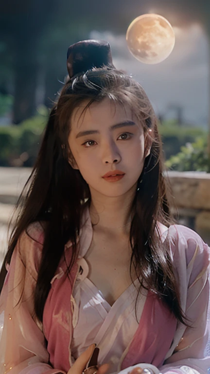 Nie Xiaoqian,Huang Xu Xian, background_picture,Wearing ancient Chinese attire (translucent, A shimmering pink robe:1.4), Hair Bun,Solitary,1 female,Long hair,Angel,Practical,Chinese clothes,Hanfu,Hair Bun,Lips,parted Lips,Look at the audience.,Upper Body(以中国古城为background:1.2),(Standing under the glow of a full blood moon:1.3),, เห็นตัวเธอด้านหน้าทั้งตัวbest quality , masterpiece, illustration, Very delicate and beautiful, มีรายVery detailed ,CG,Unite,8k wallpaper, Miracle, Fine details, masterpiece, best quality,Official Art,มีรายVery detailed CG Unite 8k wallpaper,nonsense, incredibly nonsense, Large file size , Very detailed, high, มีรายVery detailed,Beautiful girls with details, มีรายVery detailed eyes and face, Beautifully detailed eyes,There is light on the face,