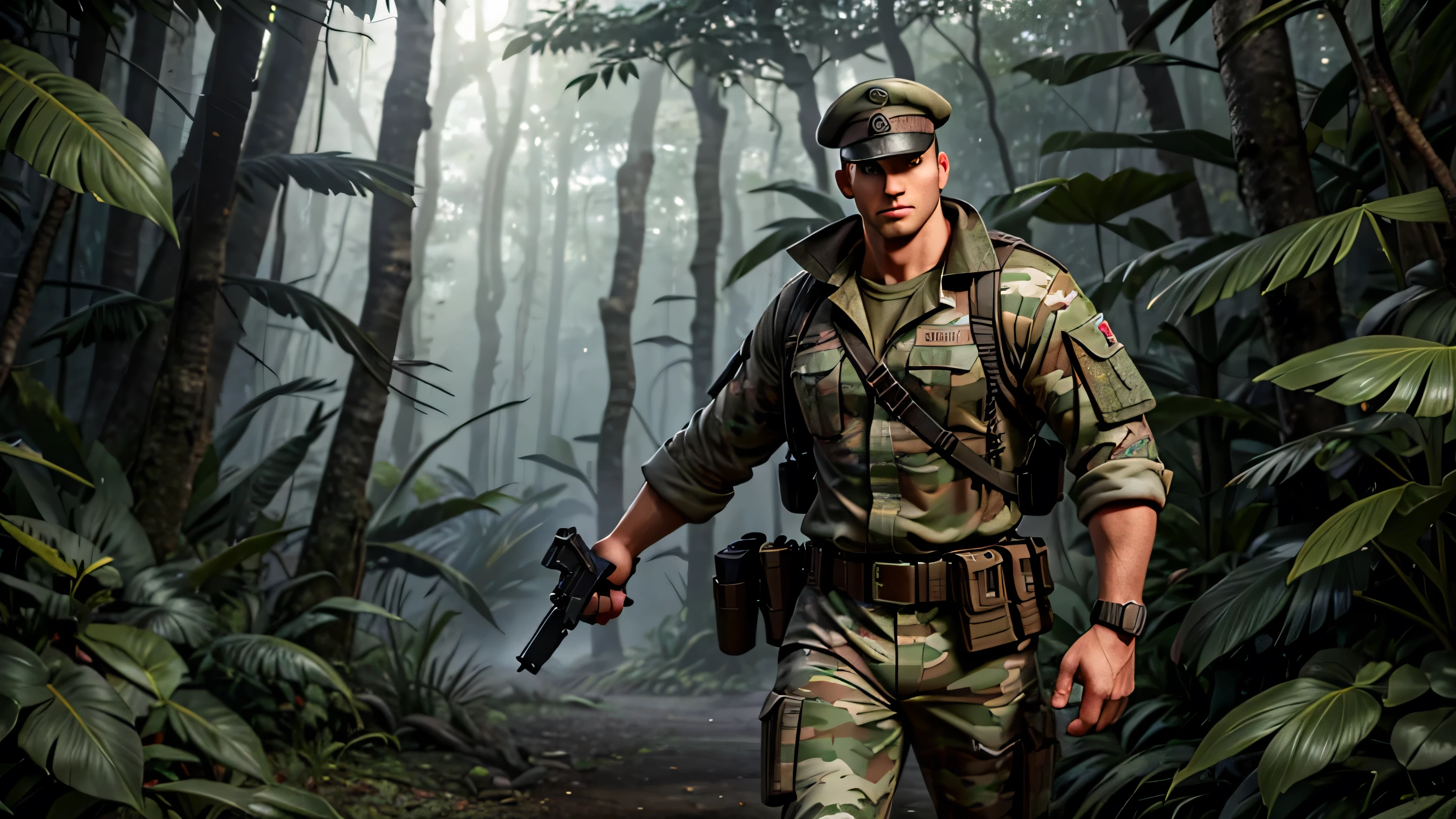 Silent Player, a towering figure at 2 meters tall, moves with calculated precision, his muscular physique a lone silhouette against the mist-shrouded rainforest backdrop. His army commander's uniform is a dark, mottled camouflage, allowing him to blend into the shadows as he executes a solo special operation. With his modern gun at the ready, Silent Player's eyes scan the surroundings, his senses on high alert for any sign of danger. A pistol remains holstered at his side, while the utility knife at his waist belt seems a trusted companion in the heat of battle. The air is heavy with anticipation, the only sound the soft rustle of leaves and the distant call of an unseen bird, as Silent Player operates alone, a one-man team in a high-stakes mission.
