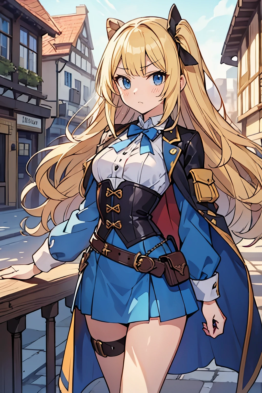 solo girl, (young female body:1.4), ( medium small breasts), knee length hair, yellow long hair, voluminous wavy very long yellow hair, extra long yellow hair, hime cut, light blue eyes, cowboy shot, castle background, medieval town with a castle, outdoor pub, town center, adventurer outfit, blue skirt with belt, long sleeve top, blue corset, steampunk aesthetic, short jacket,