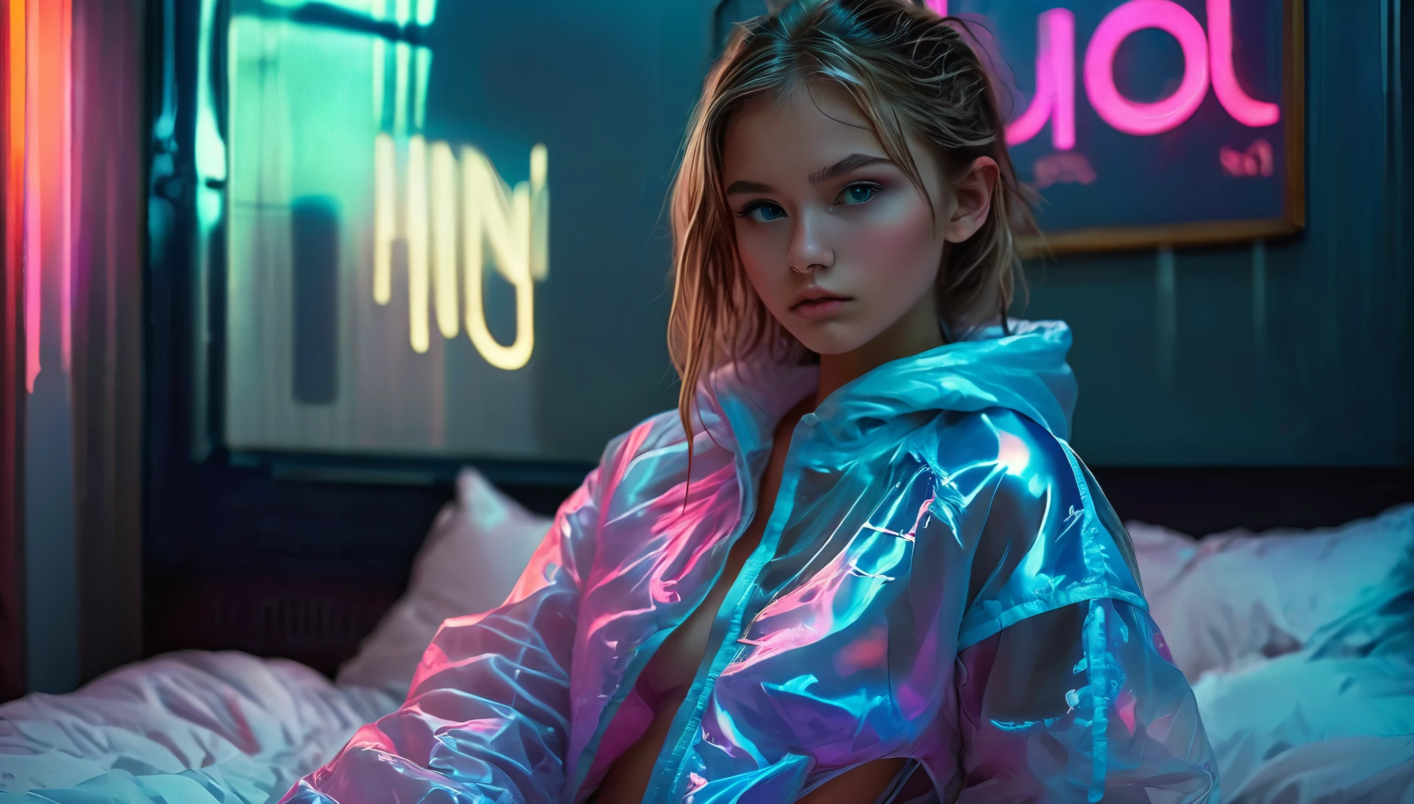 wallpaper, ambient lighting from behind, (((skinny cute girl, barely legal, age 14), (oversized satin see-through puffer jacket with plunging Neckline, short sleeves), mediumperky breasts, extremely detailed face, detailed eyes, thin eyebrow, detailed lips, no makeup, long slick ponytail side shaved hair, small hips, (in a spaceship, on a bed), dim light, dramatic and neon colors, futuristic setting, intricate details, at night, random pose, random neon colors))