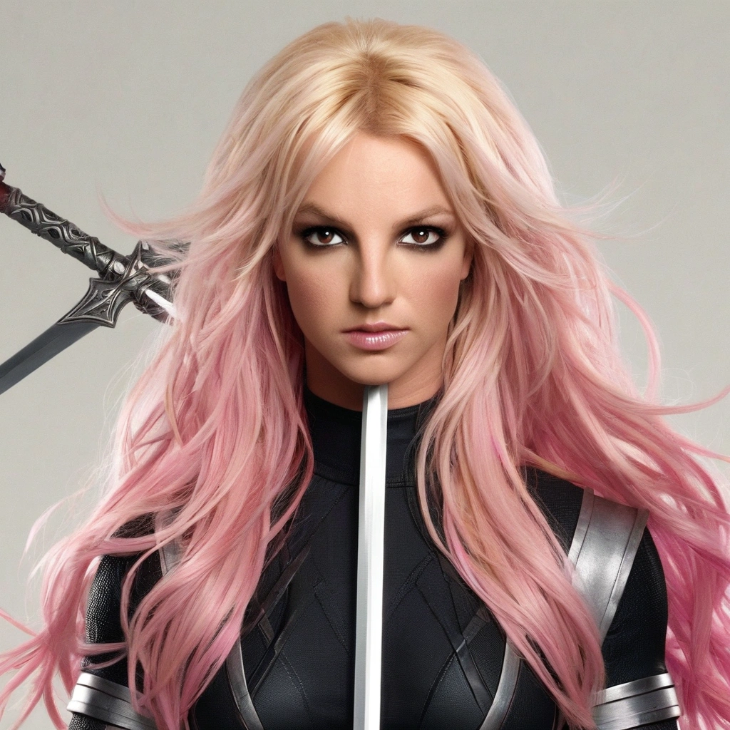 Britney Spears with pink hair and a black suit is holding a sword., x-men storm, Betty Cooper, comic, like a panel from a Marvel story, psylocke, trending , gray jeans, wonderful expression, Emma Frost, astri lohne, Chris Moore. best quality, realisitic, realisitic, award-winning illustration, (Highly detailed texture of face and skin), (all-body), (Complicated Detail: 1.2), (fine-details), (Complicated Detail), (Cinematic Lights, better quality backlight), Sharp lines, sharp focus, offcial art, unity wallpaper 8k, absurdrez, unbelievably absurd, huge filesize, ultra-, Fantasyart, RTX,((award-winning studio close-up photos)), , (escape), , perfect hands, beautiful detailed eyes, face perfect