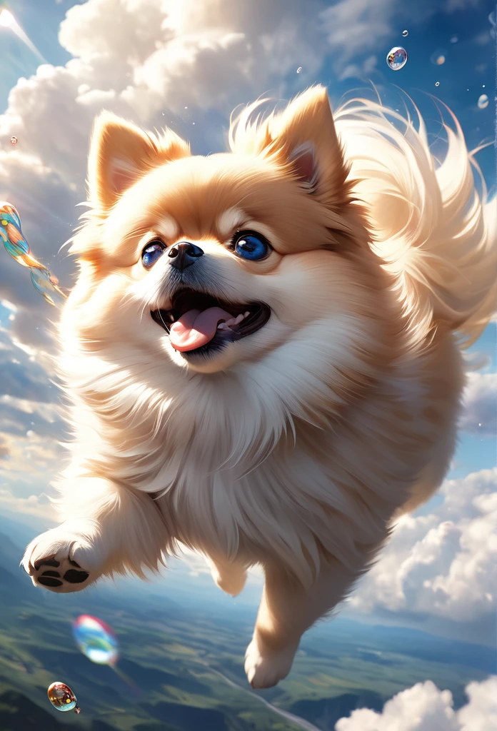 a pomeranian dog floating in a beautiful detailed cloudy sky, fluffy clouds, serene atmosphere, calm environment, (best quality, 8k, highres, masterpiece:1.2), ultra-detailed, (realistic, photorealistic, photo-realistic:1.37), landscape, bright colors, dramatic lighting, cinematic composition, ethereal, whimsical, dreamlike, open mouth, blue eyes, high resolution, smiling, sparkling pomeranian white effect
