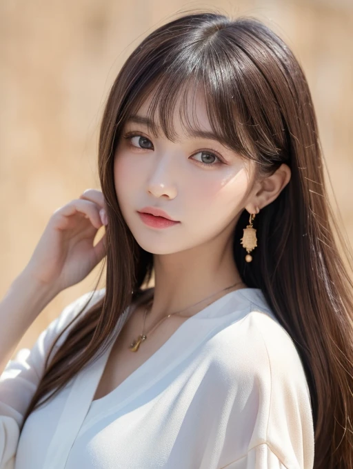 ((Highest quality, 8K, masterpiece:1.3)), concentrate: 1.2, Perfect body beauty: 1.4, Hips: 1.2, ((Long Hair, chest: 1.2)), (Dry clothes: 1.1) , (clear, Simple Background:1.3), Simple clothes: 1.1, Highly detailed face and skin texture,Delicate eyes, double eyelid, Whitened skin, Rough skin、Long Hair、Earrings with bangs、necklace、 solo、Beige coat、White shirt, (((Beautiful girl with cute Japan)))、 ((Beautiful Japanese girl 20 years old))、 (())、 (((Slender body)))、 Upper Body,Face focus、necklace,Simple Background,From above, Realistic Hair、 A photograph was taken:Canon EOS R6、135mm、1/1250 seconds、f2.8、ISO400、(Detailed explanation of the hand)、(Masseter muscle area)、(Exquisite CG)、Long Hair, loose and curly hair、Korean Hair、Long Hair明るいベージュ色、グラデーションハイライトグレージュのゆるふわLong Hairスタイル、