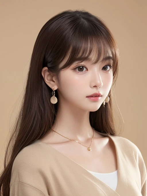 ((Highest quality, 8K, masterpiece:1.3)), concentrate: 1.2, Perfect body beauty: 1.4, Hips: 1.2, ((Long Hair, chest: 1.2)), (Dry clothes: 1.1) , (clear, Simple Background:1.3), Simple clothes: 1.1, Highly detailed face and skin texture,Delicate eyes, double eyelid, Whitened skin, Rough skin、Long Hair、Earrings with bangs、necklace、 solo、Beige coat、White shirt, (((Beautiful girl with cute Japan)))、 ((Beautiful Japanese girl 20 years old))、 ((Baby Face))、 (((Slender body)))、 Upper Body,Face focus、necklace,Simple Background,From above, Realistic Hair、 A photograph was taken:Canon EOS R6、135mm、1/1250 seconds、f2.8、ISO400、(Detailed explanation of the hand)、(Masseter muscle area)、(Exquisite CG)、Long Hair, loose and curly hair、Korean Hair、Long Hair明るいベージュ色、グラデーションハイライトグレージュのゆるふわLong Hairスタイル、
