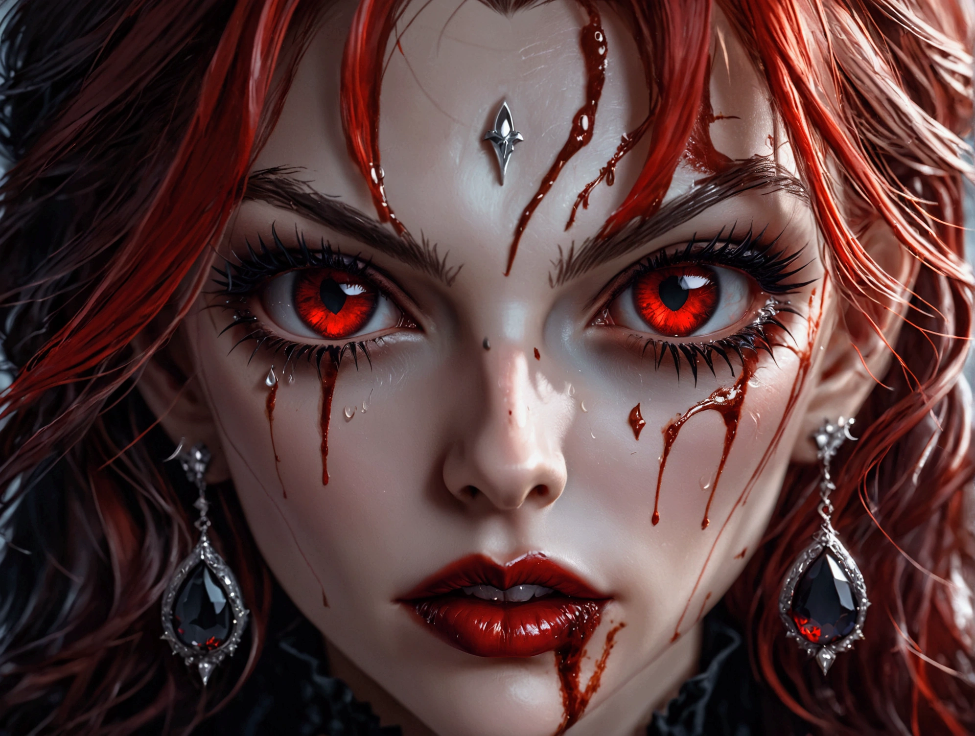 a portrait of vampire with a bloody tear coming down from he eye, an exotic beautiful female vampire, red hair color, dynamic hair style, ultra detailed face, best detailed face, silver eye color, ((1single red teardrop: 1.3)), ((tear drop made from blood)), ((teardrop coming down from the eye: 1.3)), small cleavage, wearing two black diamond earrings, Ultra-high resolution, High Contrast, (masterpiece:1.5), highest quality, Best aesthetics), 16K fantasy art, best details, best quality, highres, (ultra wide angle: 1.2), 16k, [ultra detailed], masterpiece, best quality, (extremely detailed), Intense gaze Haute_Couture, vampire, rpg portrait, photograph