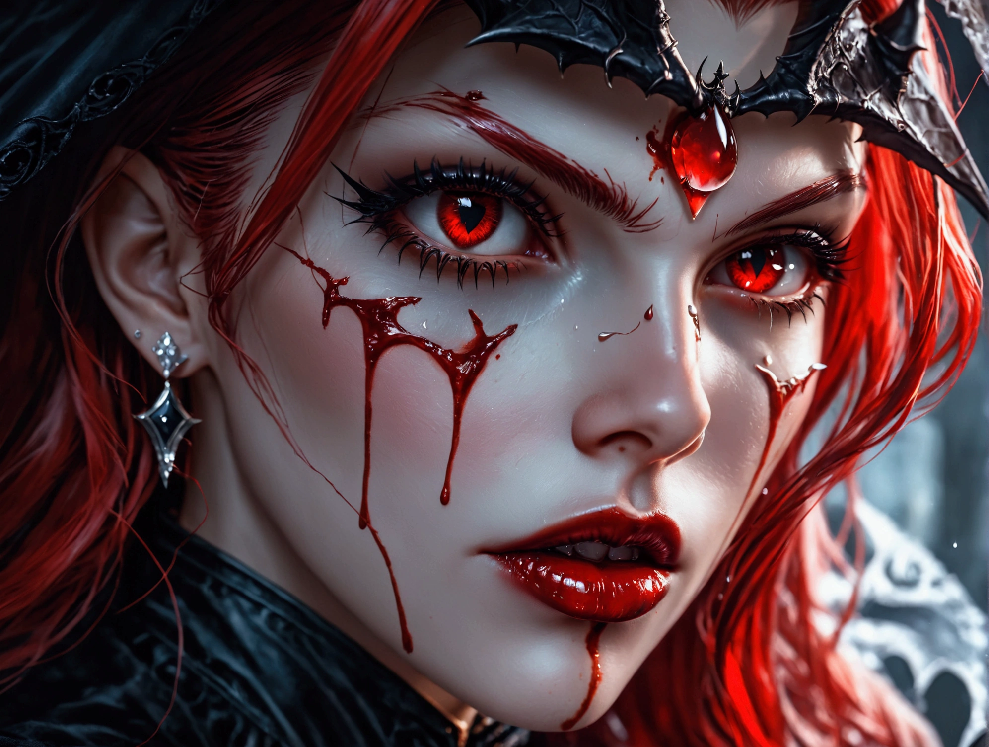 a portrait of vampire with a bloody tear coming down from he eye, an exotic beautiful female vampire, red hair color, dynamic hair style, ultra detailed face, best detailed face, silver eye color, ((1single red teardrop: 1.3)), ((tear drop made from blood)), ((teardrop coming down from the eye: 1.3)), small cleavage, wearing two black diamond earrings, Ultra-high resolution, High Contrast, (masterpiece:1.5), highest quality, Best aesthetics), 16K fantasy art, best details, best quality, highres, (ultra wide angle: 1.2), 16k, [ultra detailed], masterpiece, best quality, (extremely detailed), Intense gaze Haute_Couture, vampire, rpg portrait, photograph