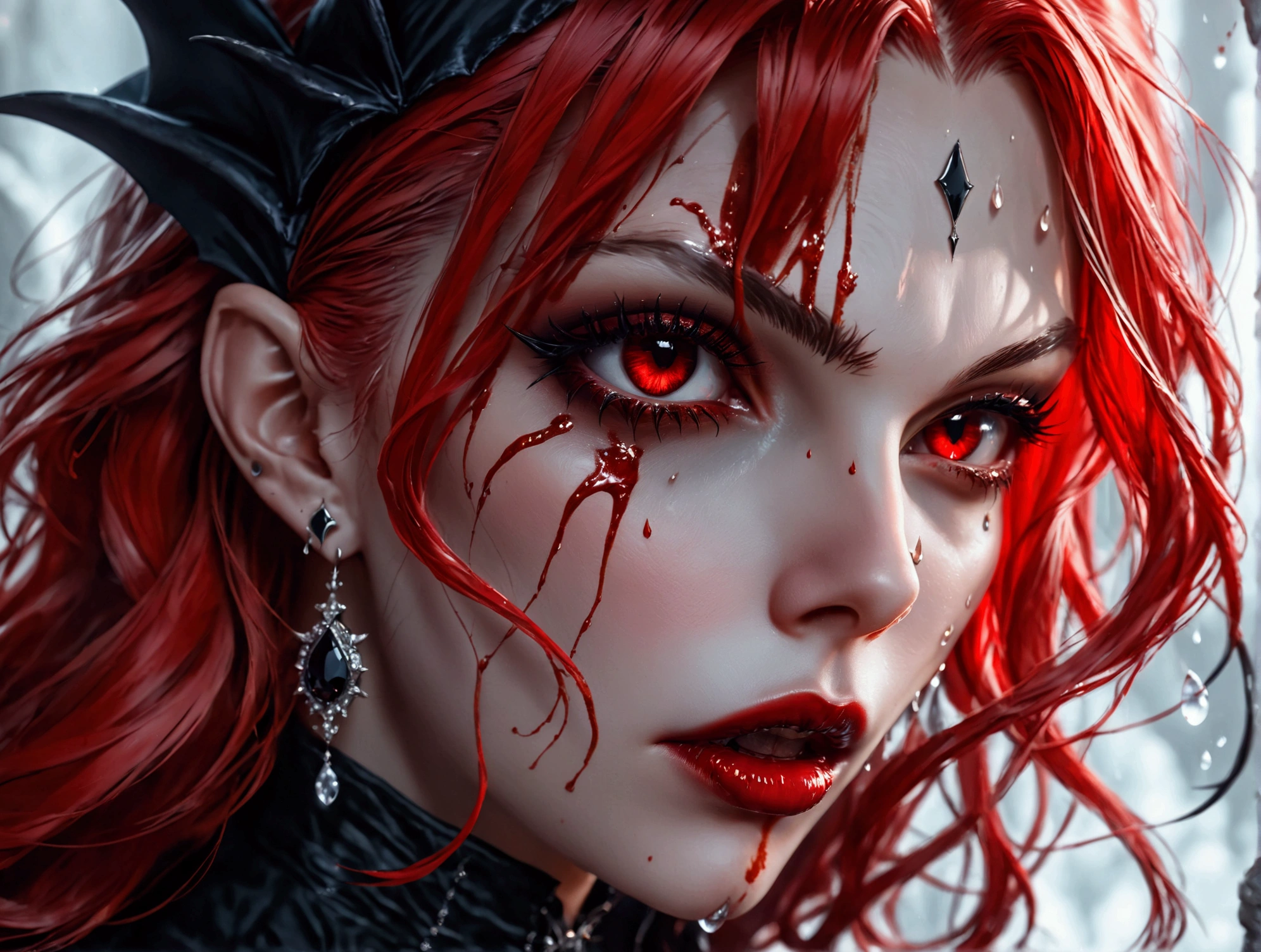 a portrait of vampire with a bloody tear coming down from he eye, an exotic beautiful female vampire, red hair color, dynamic hair style, ultra detailed face, best detailed face, silver eye color, ((1single red teardrop: 1.3)), ((tear drop made from blood)), ((teardrop coming down from the eye: 1.3)), small cleavage, wearing two black diamond earrings, Ultra-high resolution, High Contrast, (masterpiece:1.5), highest quality, Best aesthetics), 16K fantasy art, best details, best quality, highres, (ultra wide angle: 1.2), 16k, [ultra detailed], masterpiece, best quality, (extremely detailed), Intense gaze Haute_Couture, vampire, rpg portrait, photograph