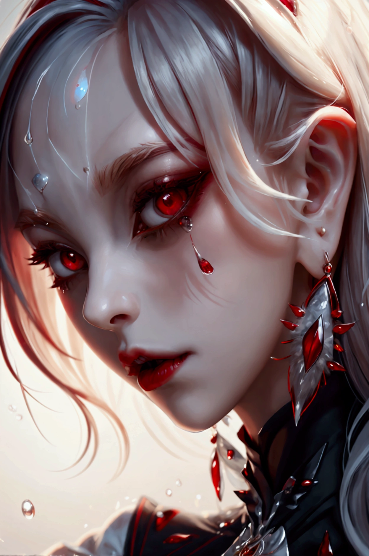 a portrait of vampire with a bloody tear coming down from he eye, an exotic beautiful female vampire, blond hair color, dynamic hair style, ultra detailed face, best detailed face, silver eye color, ((1single red teardrop: 1.3)), ((tear drop made from blood)), ((teardrop coming down from the eye: 1.3)), small cleavage, wearing two black diamond earrings, Ultra-high resolution, High Contrast, (masterpiece:1.5), highest quality, Best aesthetics), 16K fantasy art, best details, best quality, highres, (ultra wide angle: 1.2), 16k, [ultra detailed], masterpiece, best quality, (extremely detailed), wearing d2c, wearing d2d, vampire