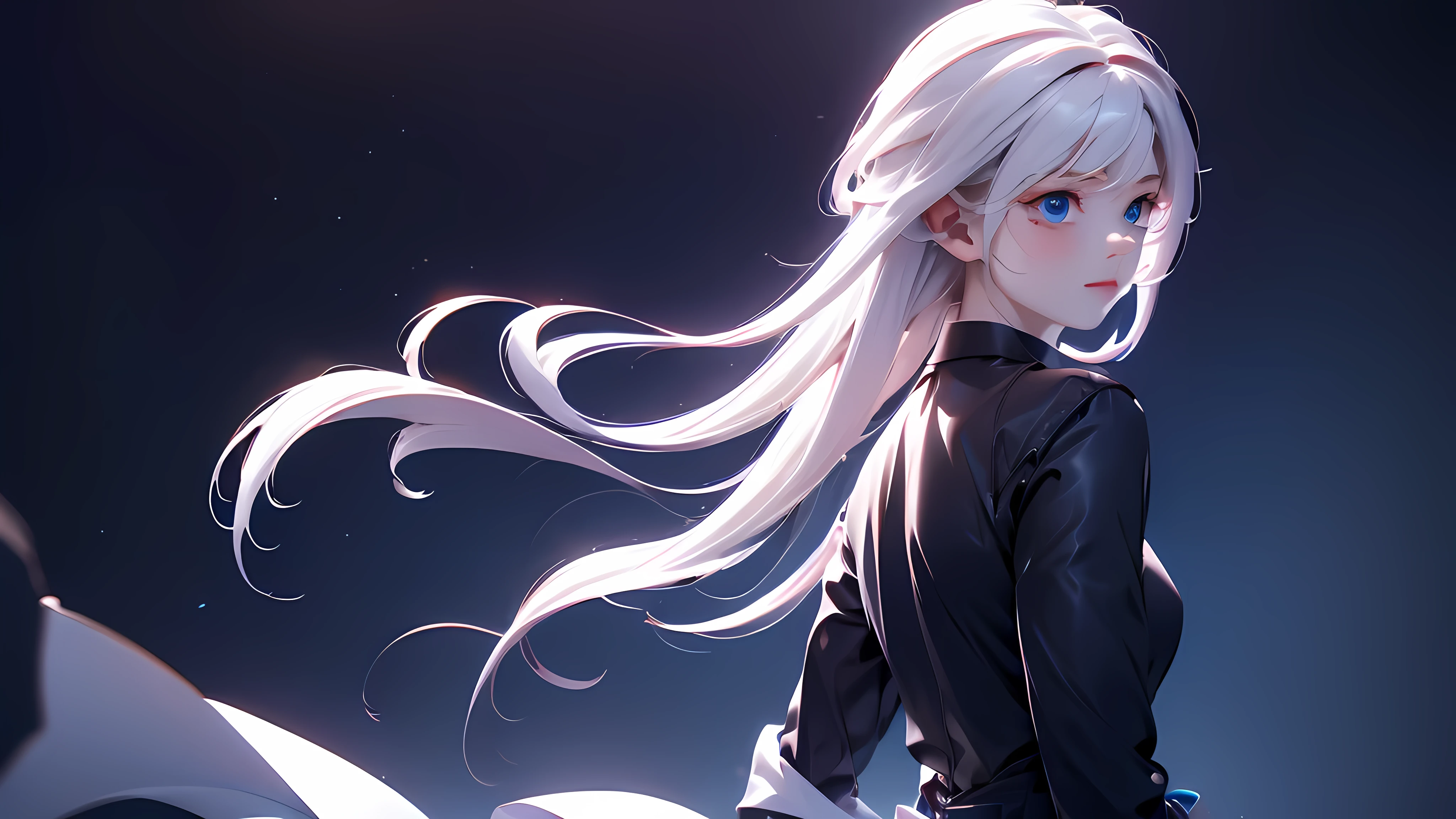 1 Girl, medium light white hair, light blue eyes, wearing Black Suit 4D , night TOWN , high res, ultrasharp, 8K, masterpiece, looking from behind